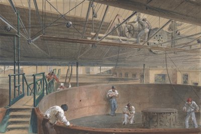 Oprulning af kablet i de store tanke ved telegrafkonstruktionens værker..., 1865, 1865. af Robert Charles Dudley