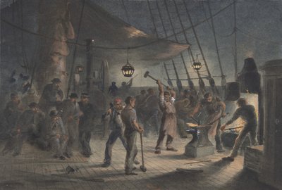 Smedjen på dækket, nat den 9. august: Forberedelse af jernbelægningen til Capstan, 1865-66. af Robert Charles Dudley