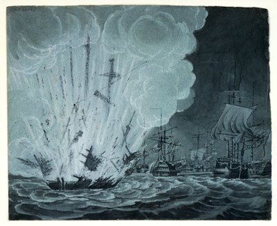 Skib, der sprænges, i slaget ved Nilen (pennetegning, grey wash) af Robert Cleveley