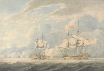 Den hollandske viceadmiral under admiral De Winter slog sit flag til den engelske viceadmiral Onslow under admiral Duncan i slaget ved Camperdown, 11. oktober 1797 af Robert Cleveley