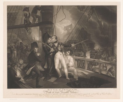 Slaget ved Trafalgar med Horatio Nelsons død Slaget ved Trafalgar og Lord Viscount Nelsons død (titel på objektet) af Robert Cooper