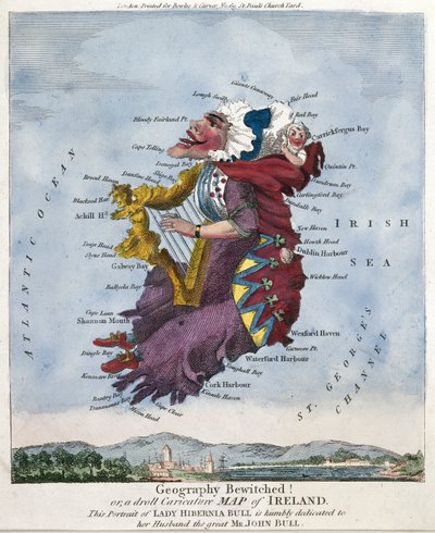 Geografi fortryllet! Eller, et Droll -karikaturkort over Irland. Dette portræt af Lady Hibernia Bull er ydmygt dedikeret til sin mand den store John Bull. [ca.1796] af Robert Dighton