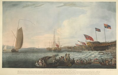 A View of Blackwall, med en del af Dockyard, ved lanceringen af Bombay Castle, 74 kanoner, bygget på bekostning af Hon. East India Company og præsenteret af dem til Hans Majestæt i juni 1782 af Robert Dodd
