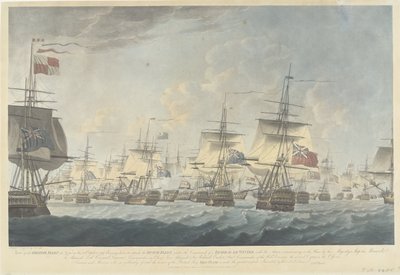 Slaget ved Kamperduin (1797): angreb fra den britiske flåde Udsigt over den britiske flåde ved middagstid den 11. oktober 1797, der bærer ned for at angribe den hollandske flåde (...) (titel på objektet) af Robert Dodd