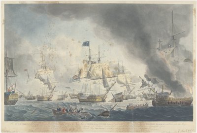 Slaget ved Kamperduin (1797): nederlag for den bataviske flåde Den hollandske flåde blev besejret om eftermiddagen den 11. oktober 1797, og viste admiral De Winters flagskib nedlagt (...) (titel på objekt) af Robert Dodd