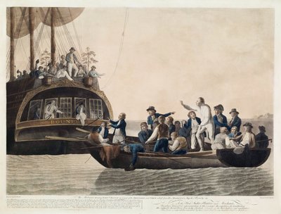 Mytteristerne, der bliver løjtnant Bligh og en del af officererne og besætningen Adrift, 29. april 1789, pub. 1790 af Robert Dodd
