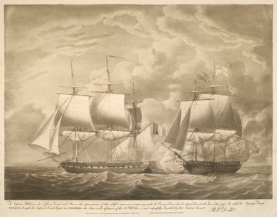 Til kaptajn Phillimore, hans officerer, søfolk og marinesoldater, denne fremstilling af deres dygtige manøvre (ved at passere under fjendens agterstavn, da han forventede, at de ville tage vejrmåleren), hvormed hans majestæts fregat EUROTAS bragte den kejs af Robert Dodd
