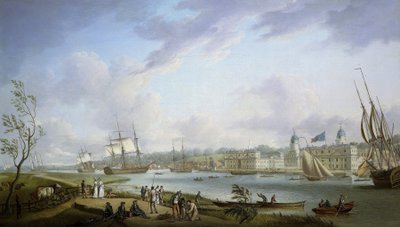 Udsigt over Greenwich, beskrivelse af Themsen og aktiviteterne på dens bredder, samt af flodsejlads med forbehold for tidevandets betydning. Olie på lærred af Robert Dodd