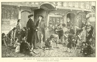 Oprindelsen af søndagsskoler, Hare Lane, Gloucester, 1780 af Robert Dowling