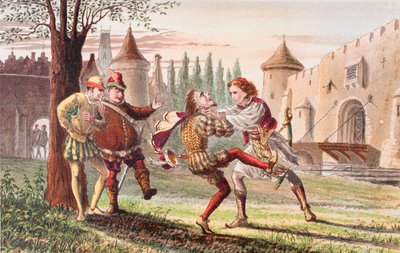 Sebastian siger i Helligtrekongersaften, 4. akt, 1. scene: "Hvorfor! Der er til dig! Og der! Og der!", fra "The Illustrated Library Shakespeare", udgivet i London 1890 (farvelitografi). af Robert Dudley