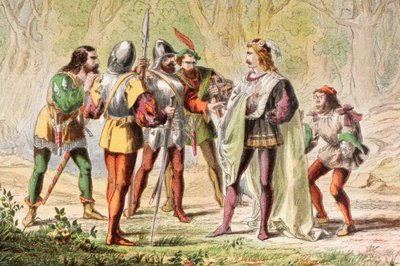 Speed taler i The Two Gentlemen of Verona, "Master, be one of them", fra "The Illustrated Library Shakespeare", udgivet i London 1890 (farvelitografi). af Robert Dudley