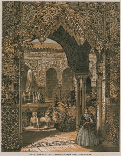 Alhambra-gården, Crystal Palace; indgang til løvernes gård (farvelitografi) af Robert Dudley