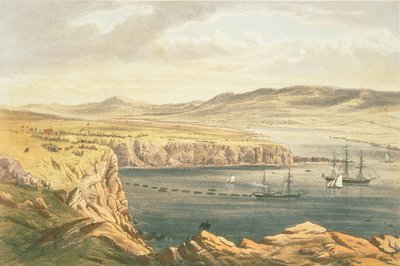 Udsigt over Port Magee, Valentia, fra højderne af Cora Beg, HMS Caroline lægger landenden af kablet, 22. juli. af Robert Dudley