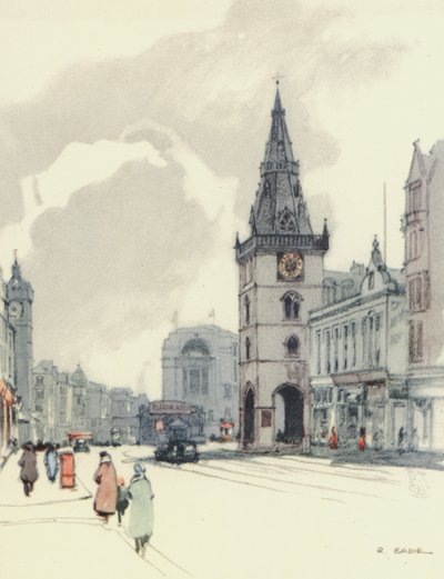 Glasgow: The Tolbooth and the Tron Steeple (farvelitografi) af Robert Eadie