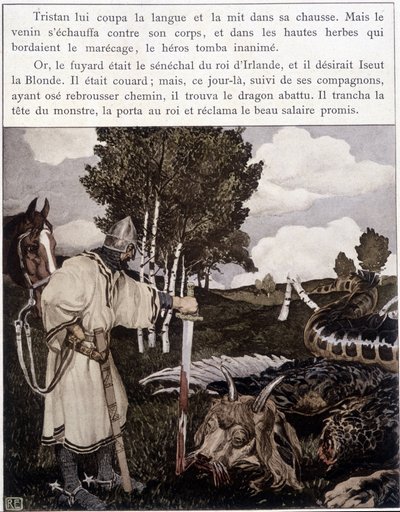 Tristan nær den døde drage - i "" Le Roman de Tristan et Iseult"" af Bédier ill. af Robert Engels, red. of Art, Paris af Robert Engels