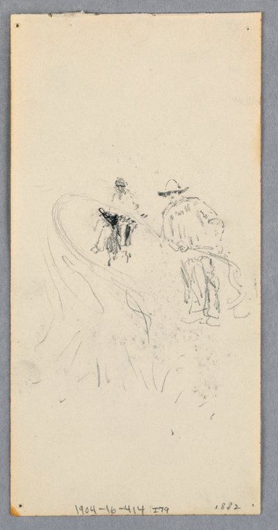 Tegning, udvendig væg: Bugt, balkon og gesims (recto); To figurer og uidentificerede linjer (verso), 1882 af Robert Frederick Blum