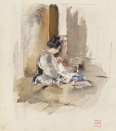Japanese Girl Sewing, 1890dani af Robert Frederick Blum