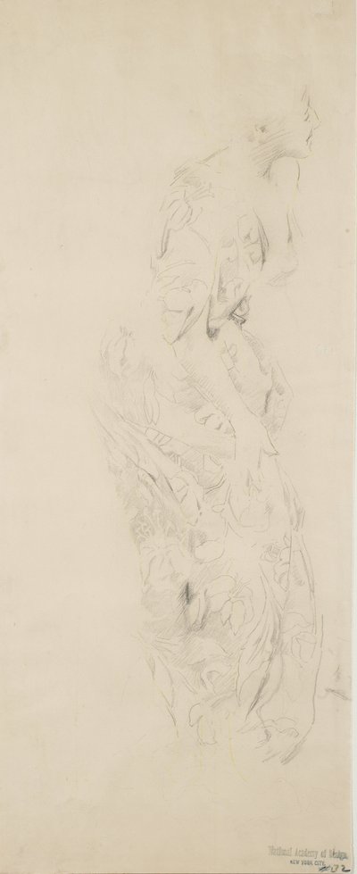 Skitse af kvinde i kjole med blomstertryk, muligvis til Moods to Music-vægmaleri, 1893-98 (grafit & gul blyant på buff-vævet papir) af Robert Frederick Blum