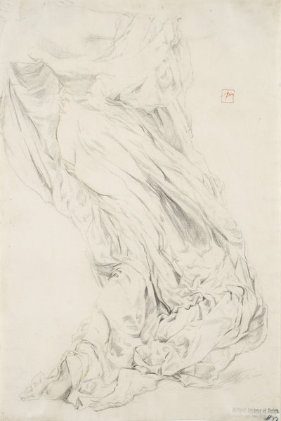 Undersøgelse af draperi for Moods to Music vægmaleri, 1893-95 (grafit med gul blyant på cremepapir) af Robert Frederick Blum