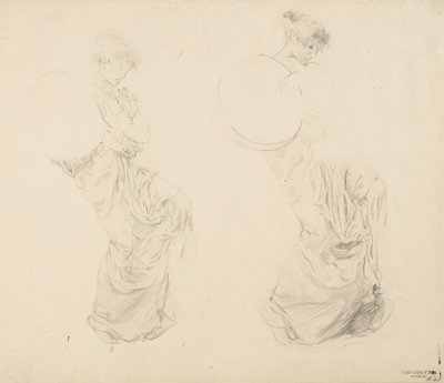 Studie af to kvindefigurer for Moods to Music vægmaleri, 1893-95 (grafit med rød blyant på buff-vævet papir) af Robert Frederick Blum