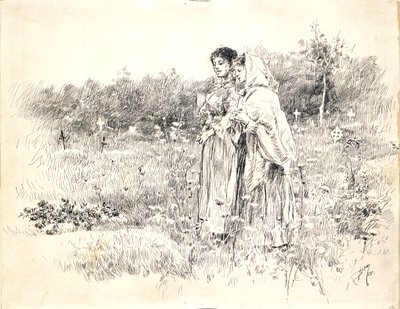 To piger, der står foran en grav af Robert Frederick Blum
