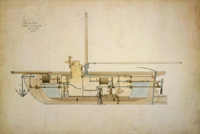 Original tegning af Nautilus, den første undervandsbåd (ubåd), præsenteret af dens opfinder Robert Fulton (1765-1815) til det amerikanske senat i 1806. af Robert Fulton