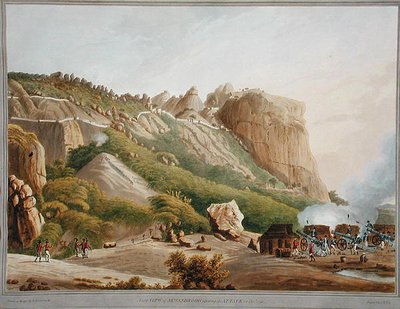 Nordvendt udsigt over Sewandroog, der viser angrebet i december 1791, illustration fra "Twelve Views of Mysore, the Country of Tipoo Sultan", graveret og farvelagt af J.W. Edy, udgivet 1804 (farvet akvatint). af Robert H. (after) Colebrooke