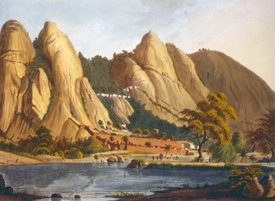 Sydlig udsigt over Sewandroog, illustration fra Twelve Views of Mysore, Tippoo Sultanens land indgraveret og farvelagt af J.W. Edy, udgivet 1804 (farvet akvatint) af Robert H. Colebrooke