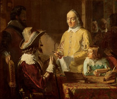 William Harvey (1578-1657) demonstrerer Charles I sin teori om blodets cirkulation, 1848 af Robert Hannah