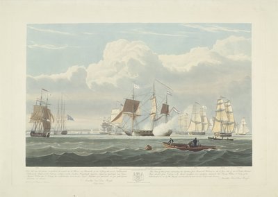 Afgang af tolv hollandske handelsskibe fra Portsmouth Harbour, 1833 (plade 3) Dette sæt på tre plader viser afgangen fra Portsmouth Harbour den 2. juni 1833 af 12 Nederlandsche Koopvaardy-skibe fra Embargo losset af Robert Havell (II)