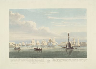Afgang af tolv hollandske handelsskibe fra Portsmouth Harbour, 1833 (plade 1) Dette sæt på tre plader viser afgangen fra Portsmouth Harbour den 2. juni 1833 af 12 Nederlandsche Koopvaardy-skibe fra Embargo losset af Robert Havell (II)