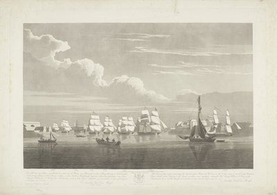 Afgang af tolv hollandske handelsskibe fra Portsmouth Harbour, 1833 (plade 1) Dette sæt på tre plader viser afgangen fra Portsmouth Harbour den 2. juni 1833 af 12 Nederlandsche Koopvaardy-skibe fra Embargo losset af Robert Havell (II)