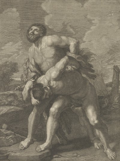 Hercules iført løveskind og kæmper mod Achelous, et landskab i baggrunden, ..., ca. 1713-72. af Robert Hecquet
