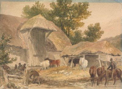Gård med heste der venter af Robert Hills