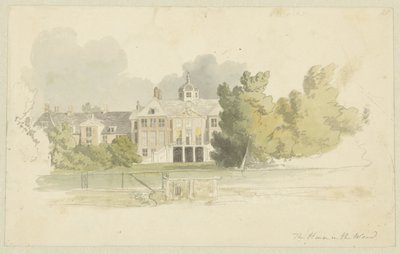 Udsigt over Huis ten Bosch Design til serie akvatinter Skitser i Flandern og Holland (serietitel) af Robert Hills