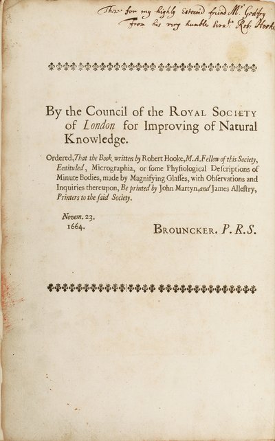 Signeret side fra "Micrographia: or Some Physiological Descriptions of Minute Bodies Made by Magnifying Glasses", 1665 af Robert Hooke