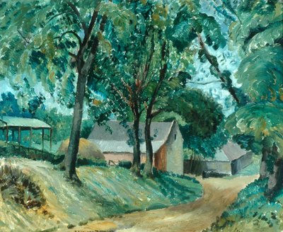 A Cotswold Farm, ca. 1934-35 (olie om bord) af Robert Kirkland Jamieson