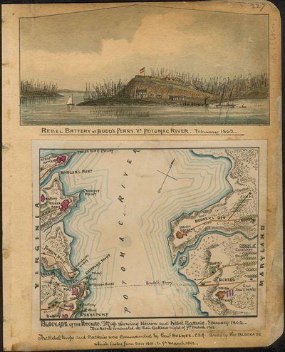 Blokade af Potomac. Kort, der viser Unionens og oprørernes batterier i januar 1862. Oprørerne evakuerede alle deres batterier natten til 4. marts 1862. LOC gvhs01.vhs00066 af Robert Knox Sneden