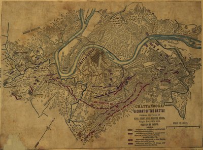Chattanooga Et kort over slaget mellem generalernes styrker. Grant og Braxton Bragg, udkæmpet 24.-5. november 1863. LOC gvhs01.vhs00275 af Robert Knox Sneden