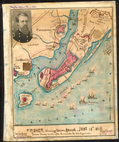 Ft. Fisher viser (sic) Unionens angreb, 15. januar 1865 Fra opmåling foretaget efter overgivelsen af amerikanske ingeniører. LOC gvhs01.vhs00185 af Robert Knox Sneden