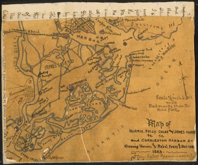 Kort over Morris, Folly, Coles og James Island(s) etc., og Charleston Harbor S.C. med angivelse af Unionens og oprørernes forter og batterier, 1864. LOC gvhs01.vhs00184 af Robert Knox Sneden