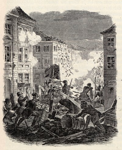 Barrikadekampe ved Cölln Rådhus i Berlin natten mellem 18. og 19. marts 1848. af Robert Kretschmer