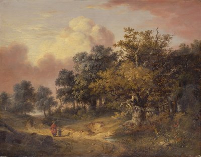 Skovklædt landskab med kvinde og barn, der går ned ad en vej af Robert Ladbrooke