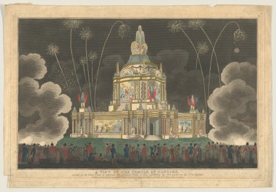 En udsigt over Temple of Concord opført i Green Park, for at fejre G..., 9. september 1814. af Robert Laurie