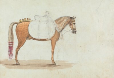 Ufærdig skitse af en omhyggeligt opsadlet hest af Robert Mabon