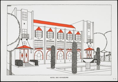 Hotel des Voyageurs, fra Une Cite Moderne, Tegninger af Rob Mallet-Stevens Architecte, 1987 (udgivet) af Robert Mallet Stevens