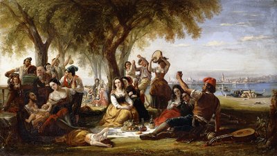 En Fiesta Scene, på Lido, nær Venedig, 1848 af Robert McInnes