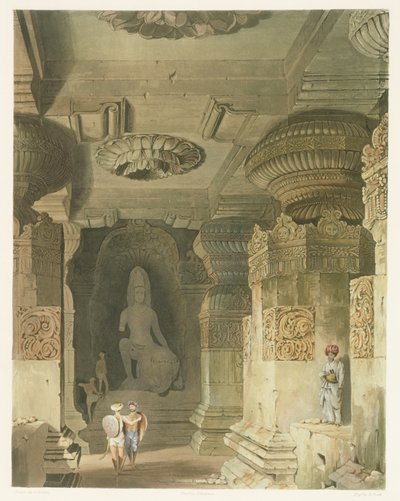 Interiør af Indra Subbas huletempel i Ellora, fra bind II af Scenery, Costumes and Architecture of India, tegnet af David Roberts (1796-1864) ætset af Thomas Kearnan (fl.1821-50) og graveret af Robert Melville Grindlay