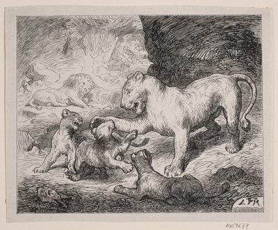 Løveungerne. Illustration til Chr. Winthers "Billedbog for Store og Smaa" af Robert Neergaard