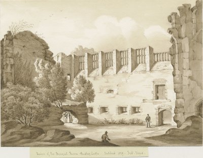 Dudley Castle - The Keep: sepia-tegning af Robert Noyes